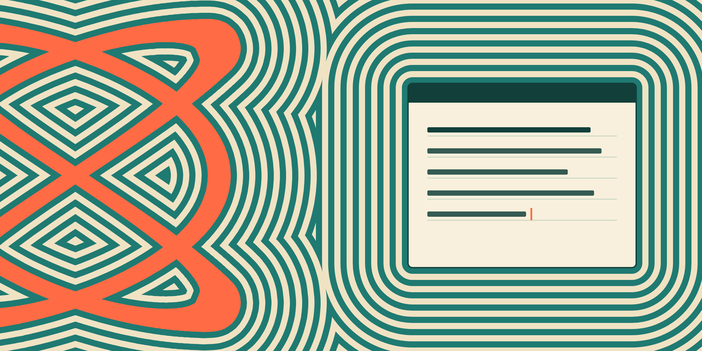The mark in coral, with cream echo lines spreading out from it and from a typed page.